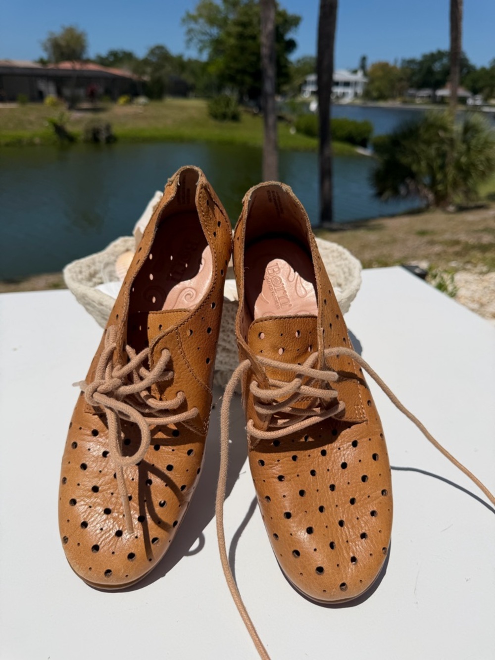 Born Women's Tan Perforated Leather Lace-Up Flats - Picture 6 of 12